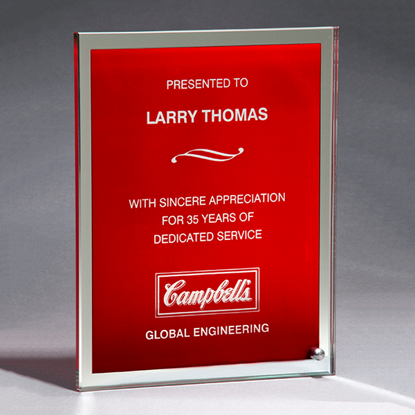 Glass Plaque with Red Center and Mirror Border 1 Glass Plaque with Red Center and Mirror Border