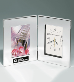 Combination Clock and Photo Frame in Polished Silver Aluminum.