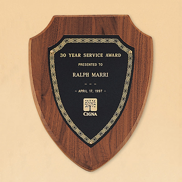 American Walnut Shield Plaque with a Black Brass Plate 1 American Walnut Shield Plaque with a Black Brass Plate