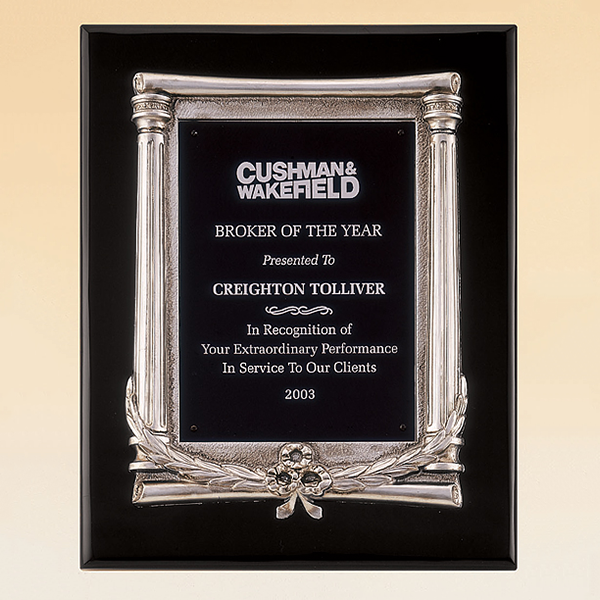 Black Piano Finish Plaque with Antique Silver Frame Casting 1 Black Piano Finish Plaque with Antique Silver Frame Casting