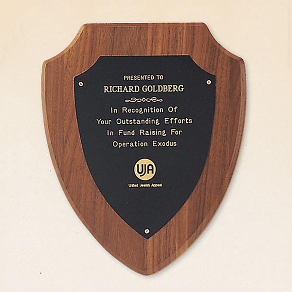 Walnut Shield Plaque with Brass Engraving Plate