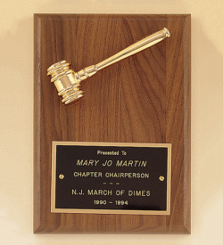 American Walnut Plaque with Gold Tone Metal Gavel