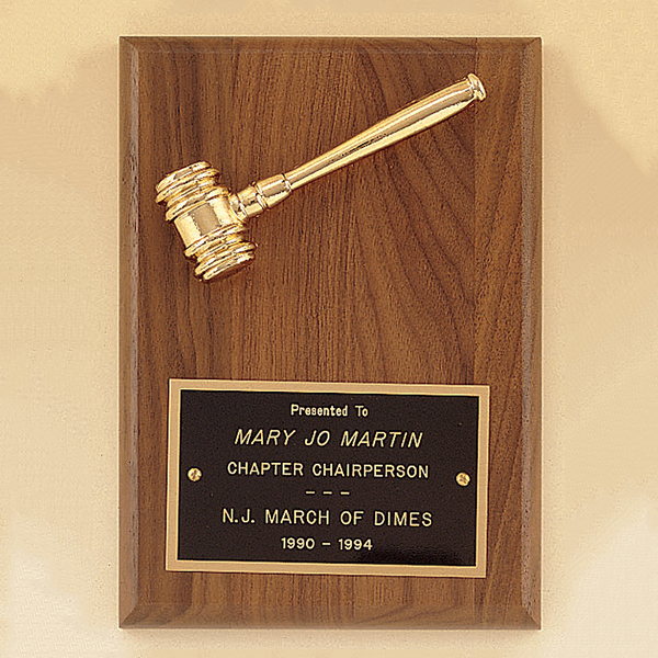 American Walnut Plaque with Gold Tone Metal Gavel 1 American Walnut Plaque with Gold Tone Metal Gavel