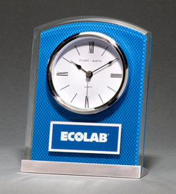 Glass Clock with Blue Carbon Fiber Design on Aluminum Base Silver bezel, white dial, three-hand movement