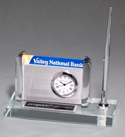 Clock, Pen and Business Card Holder on Clear Glass Base